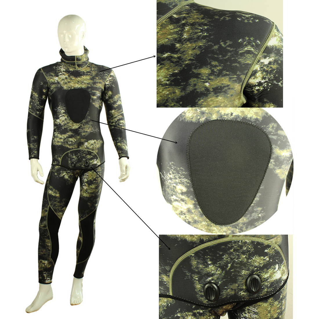 3MM Camouflage zweiteiliger Speerfischer-Neoprenanzug für Herren mit doppelten Nylon-Blindnähten